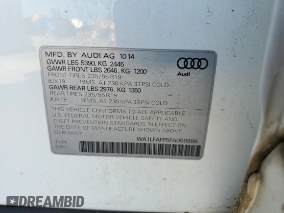 2015 Audi Q5 Premium Plus with VIN WA1LFAFP5FA059886, listed as a Copart auction lot 54939885 with 148,844 mi miles and Clean title. Bid and sale history available at DreamBid. Image 13.