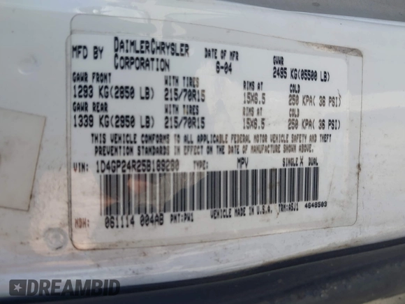 2005 Dodge Caravan SE with VIN 1D4GP24R25B189280, listed as a IAAI auction lot 41683042 with 222,537 mi miles and . Bid and sale history available at carsss.com. Image 9.
