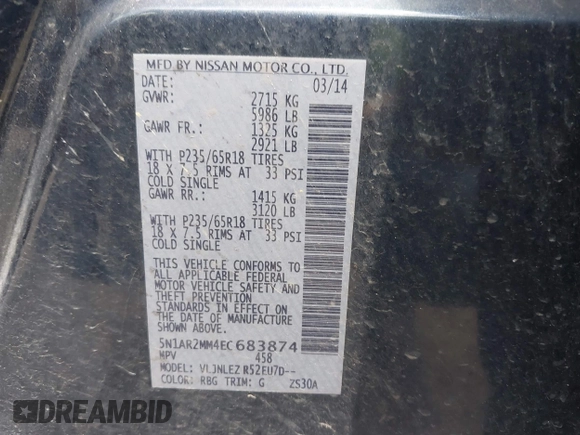 2014 Nissan Pathfinder S with VIN 5N1AR2MM4EC683874, listed as a IAAI auction lot 42663072 with 166,028 mi miles and . Bid and sale history available at DreamBid. Image 9.