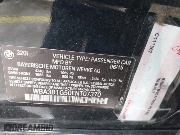 2015 BMW 3 Series 320i with VIN WBA3B1G50FNT07370, listed as a IAAI auction lot 39681712 with 145,234 mi miles and . Bid and sale history available at DreamBid. Image 9.
