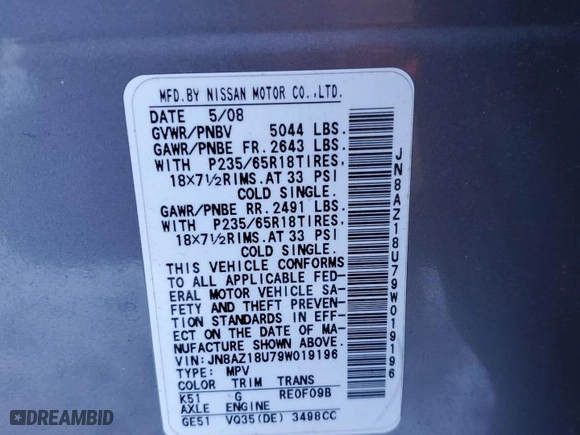 2009 Nissan Murano SL with VIN JN8AZ18U79W019196, listed as a Copart auction lot 87455414 with 195,989 mi miles and Non Repairable. Bid and sale history available at carsss.com. Image 14.