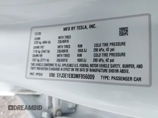 2021 Tesla Model 3 Long Range with VIN 5YJ3E1EB3MF856009, listed as a IAAI auction lot 41809767 with 42,072 mi miles. Bid and sale history available at carsss.com. Image 9.