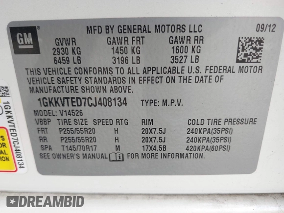 2012 GMC Acadia Denali with VIN 1GKKVTED7CJ408134, listed as a IAAI auction lot 42118748 with 173,977 mi miles. Bid and sale history available at carsss.com. Image 9.