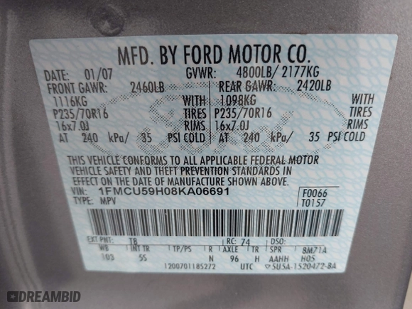 2008 Ford Escape Hybrid with VIN 1FMCU59H08KA06691, listed as a IAAI auction lot 42021967 with 221,067 mi miles. Bid and sale history available at carsss.com. Image 9.