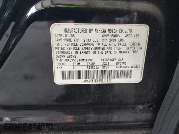 2006 Infiniti G35 with VIN JNKCV51E16M511920, listed as a IAAI auction lot 42240288 with 122,138 mi miles and . Bid and sale history available at DreamBid. Image 9.