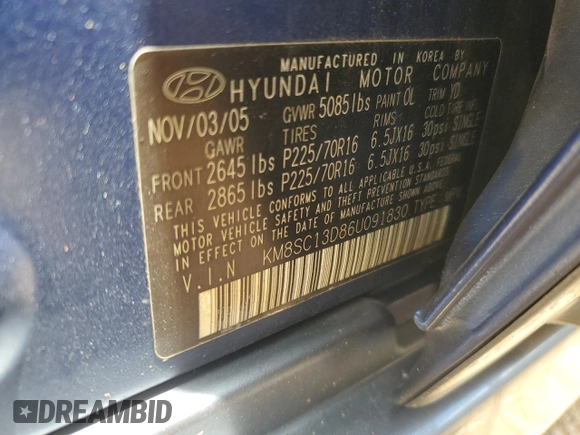 2006 Hyundai Santa Fe GLS with VIN KM8SC13D86U091830, listed as a Copart auction lot 63456264 with 85,672 mi miles and Salvage Title. Bid and sale history available at carsss.com. Image 12.