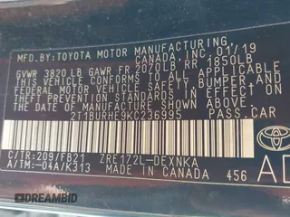 2019 Toyota Corolla L with VIN 2T1BURHE9KC236995, listed as a IAAI auction lot 41900101 with 162,810 mi miles. Bid and sale history available at carsss.com. Image 9.