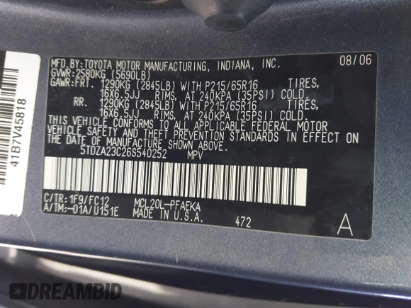 2006 Toyota Sienna CE with VIN 5TDZA23C26S540252, listed as a IAAI auction lot 41877613 with 122,857 mi miles and . Bid and sale history available at DreamBid. Image 9.