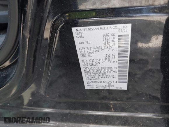 2013 Nissan Pathfinder Platinum with VIN 5N1AR2MN2DC662514, listed as a IAAI auction lot 42841665 with 164,479 mi miles and . Bid and sale history available at DreamBid. Image 9.