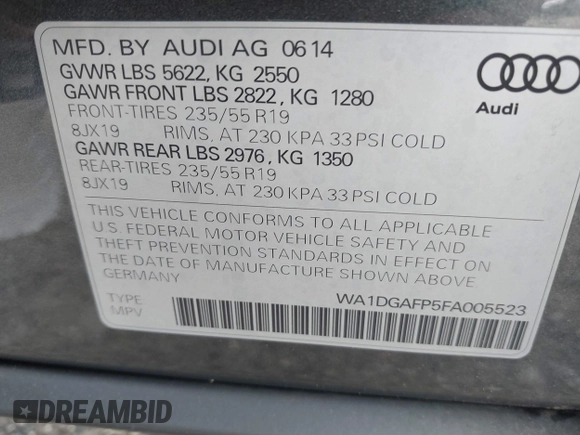 2015 Audi Q5 Premium Plus with VIN WA1DGAFP5FA005523, listed as a IAAI auction lot 42303313 with 105,426 mi miles and . Bid and sale history available at DreamBid. Image 9.