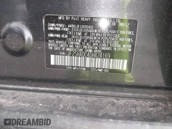 2013 Subaru Forester 2.5X Premium with VIN JF2SHADC4DH424169, listed as a IAAI auction lot 41881234 with 70,220 mi miles. Bid and sale history available at carsss.com. Image 9.