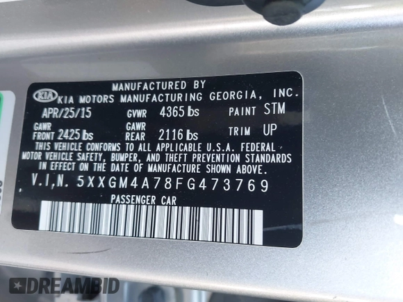 2015 Kia Optima LX with VIN 5XXGM4A78FG473769, listed as a IAAI auction lot 42008139 with 124,641 mi miles and . Bid and sale history available at DreamBid. Image 9.
