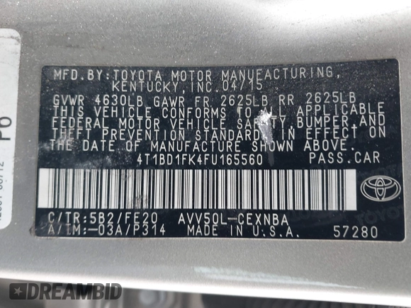 2015 Toyota Camry LE with VIN 4T1BD1FK4FU165560, listed as a IAAI auction lot 42135474 with 422,041 mi miles and . Bid and sale history available at DreamBid. Image 9.