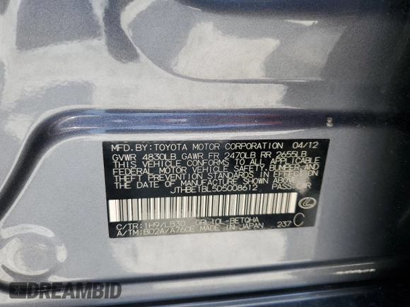 2013 Lexus GS 350 z VIN JTHBE1BL5D5008612, wystawiony jako Copart lot #54671065 z przebiegiem 206 250 mil mil oraz Szkoda całkowita • Salvage title. Historia ofert i sprzedaży dostępna na DreamBid. Obrazek 12.
