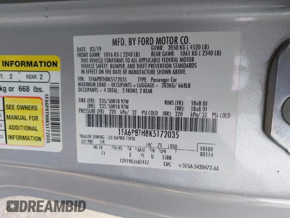2019 Ford Mustang EcoBoost with VIN 1FA6P8TH8K5172035, listed as a IAAI auction lot 41527251 with 93,549 mi miles and . Bid and sale history available at carsss.com. Image 9.