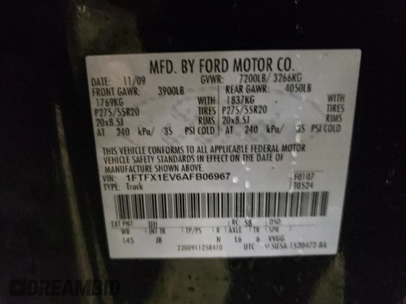 2010 Ford F-150 XL with VIN 1FTFX1EV6AFB06967, listed as a Copart auction lot 62223835 with 165,585 mi miles and Salvage title. Bid and sale history available at DreamBid. Image 12.