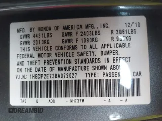 2011 Honda Accord EX with VIN 1HGCP2E73BA072027, listed as a IAAI auction lot 42229992 with 159,818 mi miles and . Bid and sale history available at DreamBid. Image 9.