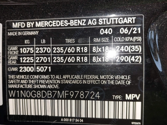 2021 Mercedes-Benz GLC 300 with VIN W1N0G8DB7MF978724, listed as a IAAI auction lot 41923957 with 33,434 mi miles and . Bid and sale history available at DreamBid. Image 9.