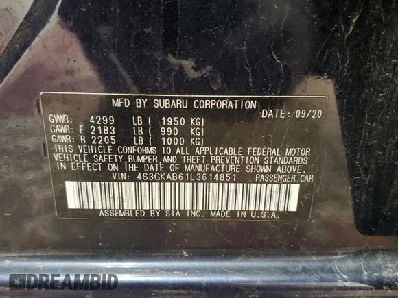 2020 Subaru Impreza with VIN 4S3GKAB61L3614851, listed as a Copart auction lot 52774055 with 23,546 mi miles and Salvage title. Bid and sale history available at DreamBid. Image 13.