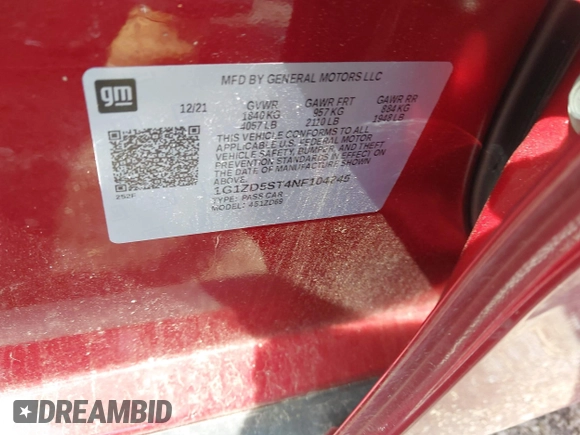 2022 Chevrolet Malibu LT with VIN 1G1ZD5ST4NF104245, listed as a IAAI auction lot 41936539 with 21,697 mi miles and . Bid and sale history available at DreamBid. Image 9.