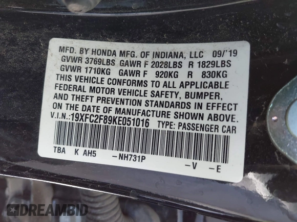 2019 Honda Civic Sport with VIN 19XFC2F89KE051016, listed as a IAAI auction lot 42042322 with 36,775 mi miles and . Bid and sale history available at DreamBid. Image 9.