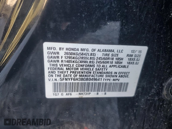 2016 Honda Pilot EX with VIN 5FNYF6H38GB049641, listed as a Copart auction lot 50956325 with 205,978 mi miles and Clean Title. Bid and sale history available at DreamBid. Image 13.