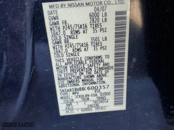 2008 Nissan Pathfinder S with VIN 5N1AR18U88C600357, listed as a Copart auction lot 87932525 with 234,017 mi miles and Clean Title. Bid and sale history available at carsss.com. Image 13.