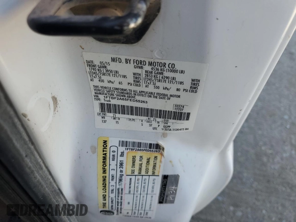 2015 Ford F-250 XL with VIN 1FTBF2A65FED55263, listed as a Copart auction lot 63511305 with Not provided miles and Salvage title. Bid and sale history available at DreamBid. Image 12.