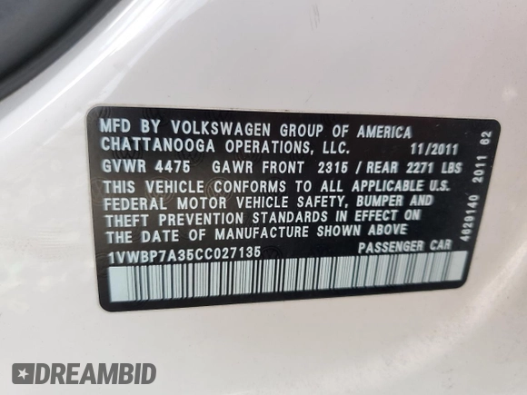 2012 Volkswagen Passat SE с VIN 1VWBP7A35CC027135, выставлен на аукционе Copart как лот 57532105 с пробегом 96 833 миль миль и Списание • Salvage title. История ставок и продаж доступна на DreamBid. Изображение 13.