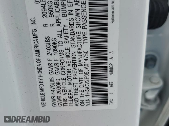 2018 Honda Accord Touring with VIN 1HGCV2F95JA014750, listed as a Copart auction lot 58529075 with 39,591 mi miles and Salvage title. Bid and sale history available at DreamBid. Image 12.