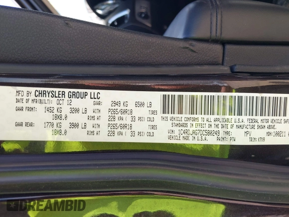 2013 Dodge Durango SXT with VIN 1C4RDJAG7DC580249, listed as a IAAI auction lot 42535723 with 199,626 mi miles and . Bid and sale history available at DreamBid. Image 9.