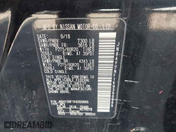 2019 Nissan Armada Platinum with VIN JN8AY2NF1K9350665, listed as a IAAI auction lot 41371514 with 111,133 mi miles. Bid and sale history available at carsss.com. Image 9.
