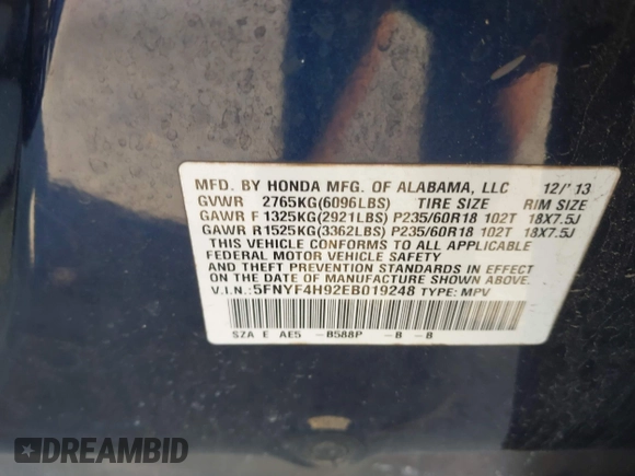 2014 Honda Pilot Touring with VIN 5FNYF4H92EB019248, listed as a IAAI auction lot 41942963 with 136,183 mi miles and . Bid and sale history available at carsss.com. Image 9.