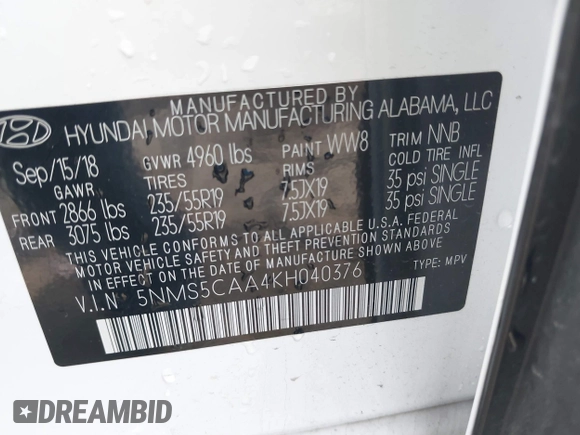 2019 Hyundai Santa Fe Limited z VIN 5NMS5CAA4KH040376, wystawiony jako IAAI lot #42192813 z przebiegiem 33 464 mil mil oraz . Historia ofert i sprzedaży dostępna na DreamBid. Obrazek 9.