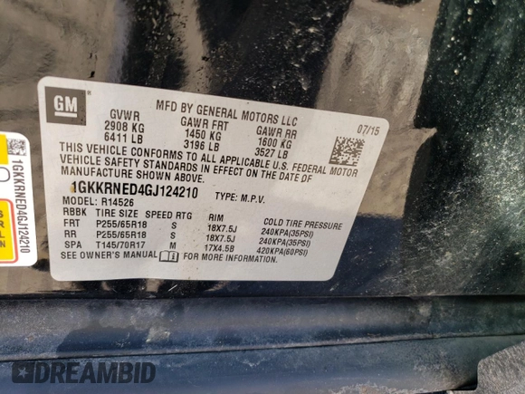 2016 GMC Acadia SLE with VIN 1GKKRNED4GJ124210, listed as a Copart auction lot 46415345 with 59,003 mi miles and Salvage Title. Bid and sale history available at DreamBid. Image 15.