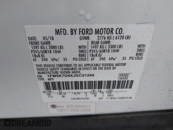 2018 Ford Explorer XLT with VIN 1FM5K7D8XJGC01269, listed as a IAAI auction lot 42358408 with 153,105 mi miles and . Bid and sale history available at DreamBid. Image 9.