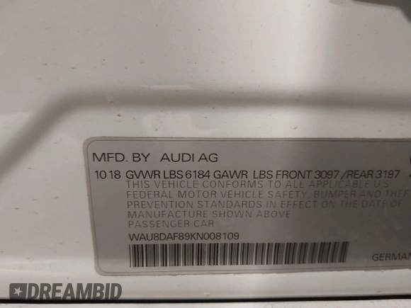 2019 Audi A8 L with VIN WAU8DAF89KN008109, listed as a IAAI auction lot 41636057 with 34,325 mi miles. Bid and sale history available at carsss.com. Image 9.