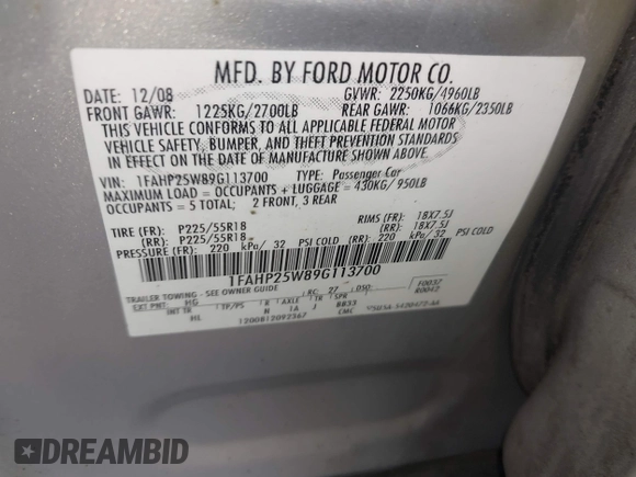 2009 Ford Taurus Limited with VIN 1FAHP25W89G113700, listed as a IAAI auction lot 42365923 with 235,252 mi miles and . Bid and sale history available at DreamBid. Image 9.