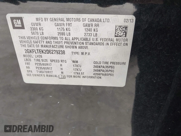 2013 GMC Terrain SLE with VIN 2GKFLTEK2D6279238, listed as a IAAI auction lot 42351265 with 131,384 mi miles and . Bid and sale history available at DreamBid. Image 9.