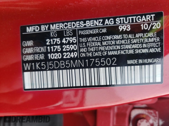2021 Mercedes-Benz CLA 45 AMG with VIN W1K5J5DB5MN175502, listed as a Copart auction lot 45331254 with 21,365 mi miles and Clean Title. Bid and sale history available at DreamBid. Image 13.