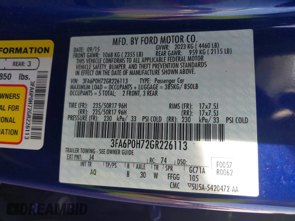 2016 Ford Fusion SE with VIN 3FA6P0H72GR226113, listed as a IAAI auction lot 41554774 with 75,859 mi miles and . Bid and sale history available at DreamBid. Image 9.