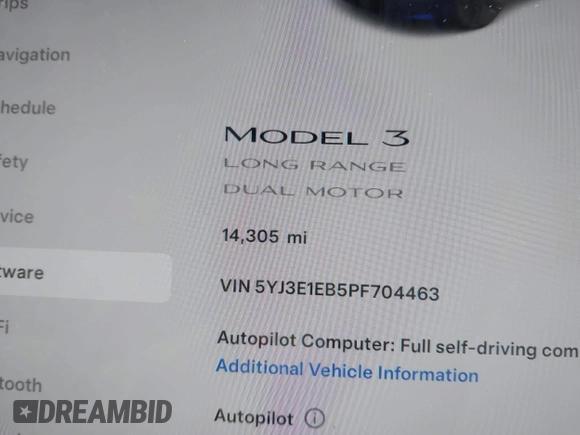 2023 Tesla Model 3 Long Range with VIN 5YJ3E1EB5PF704463, listed as a IAAI auction lot 41916627 with 14,305 mi miles and . Bid and sale history available at DreamBid. Image 7.