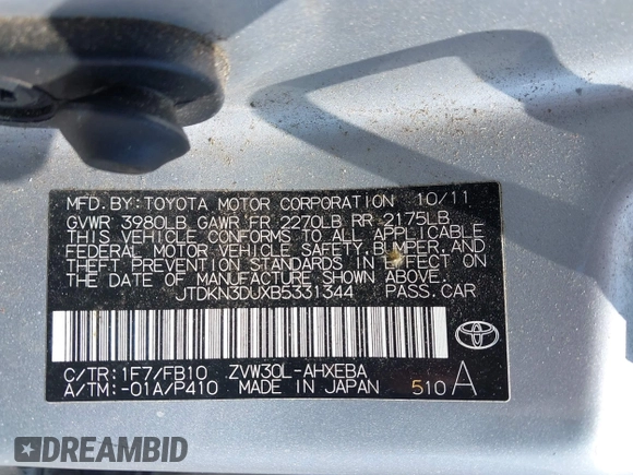 2011 Toyota Prius I z VIN JTDKN3DUXB5331344, wystawiony jako IAAI lot #42021340 z przebiegiem 330 635 mil mil oraz . Historia ofert i sprzedaży dostępna na DreamBid. Obrazek 9.
