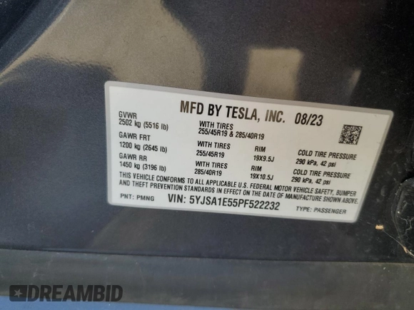 2023 Tesla Model S с VIN 5YJSA1E55PF522232, выставлен на аукционе Copart как лот 47735815 с пробегом Не указан миль и Списание • Salvage title. История ставок и продаж доступна на DreamBid. Изображение 14.