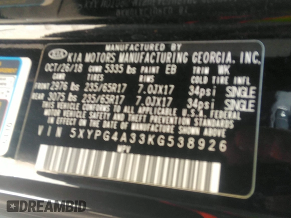 2019 Kia Sorento LX with VIN 5XYPG4A33KG538926, listed as a IAAI auction lot 41800638 with 72,175 mi miles. Bid and sale history available at carsss.com. Image 9.