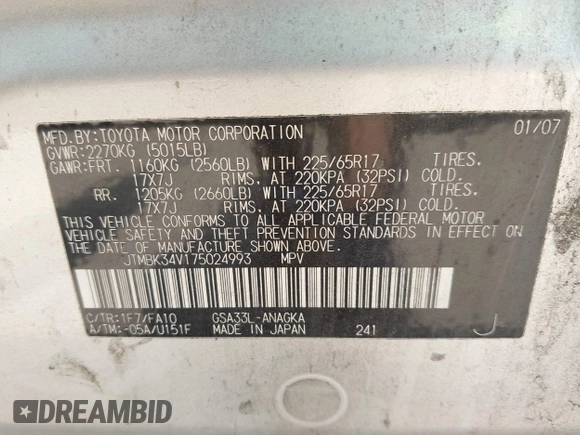 2007 Toyota RAV4 Limited с VIN JTMBK34V175024993, выставлен на аукционе IAAI как лот 42646261 с пробегом 292 141 миль миль и . История ставок и продаж доступна на DreamBid. Изображение 9.