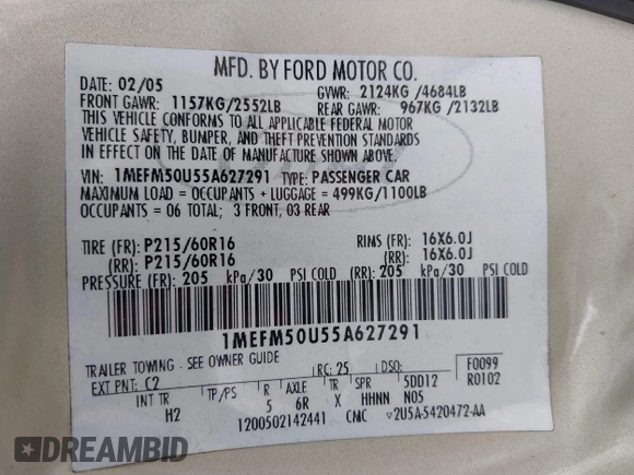 2005 Mercury Sable GS with VIN 1MEFM50U55A627291, listed as a IAAI auction lot 42756662 with 116,523 mi miles and . Bid and sale history available at DreamBid. Image 9.