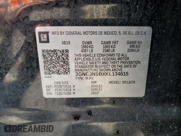 2019 Chevrolet Trax LS with VIN 3GNCJNSBXKL134615, listed as a Copart auction lot 49698585 with 115,430 mi miles and Salvage Title. Bid and sale history available at carsss.com. Image 14.