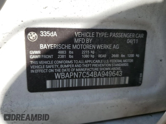 2011 BMW 3 Series 335d with VIN WBAPN7C54BA949643, listed as a Copart auction lot 58806615 with 192,149 mi miles and Clean title. Bid and sale history available at DreamBid. Image 12.