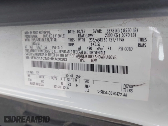 2017 Ford Transit Passenger XL z VIN 1FMZK1CM9HKA28283, wystawiony jako IAAI lot #39970695 z przebiegiem 151 916 mil mil oraz . Historia ofert i sprzedaży dostępna na DreamBid. Obrazek 8.